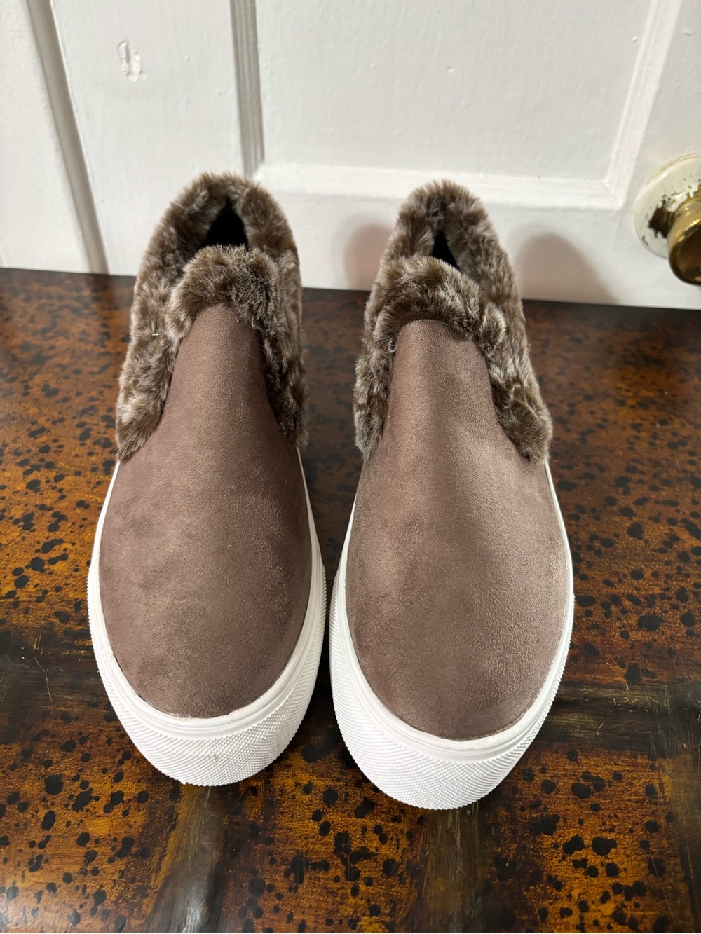ShuShop Brown Faux Suede Slip-On Sneakers with Fur Trim